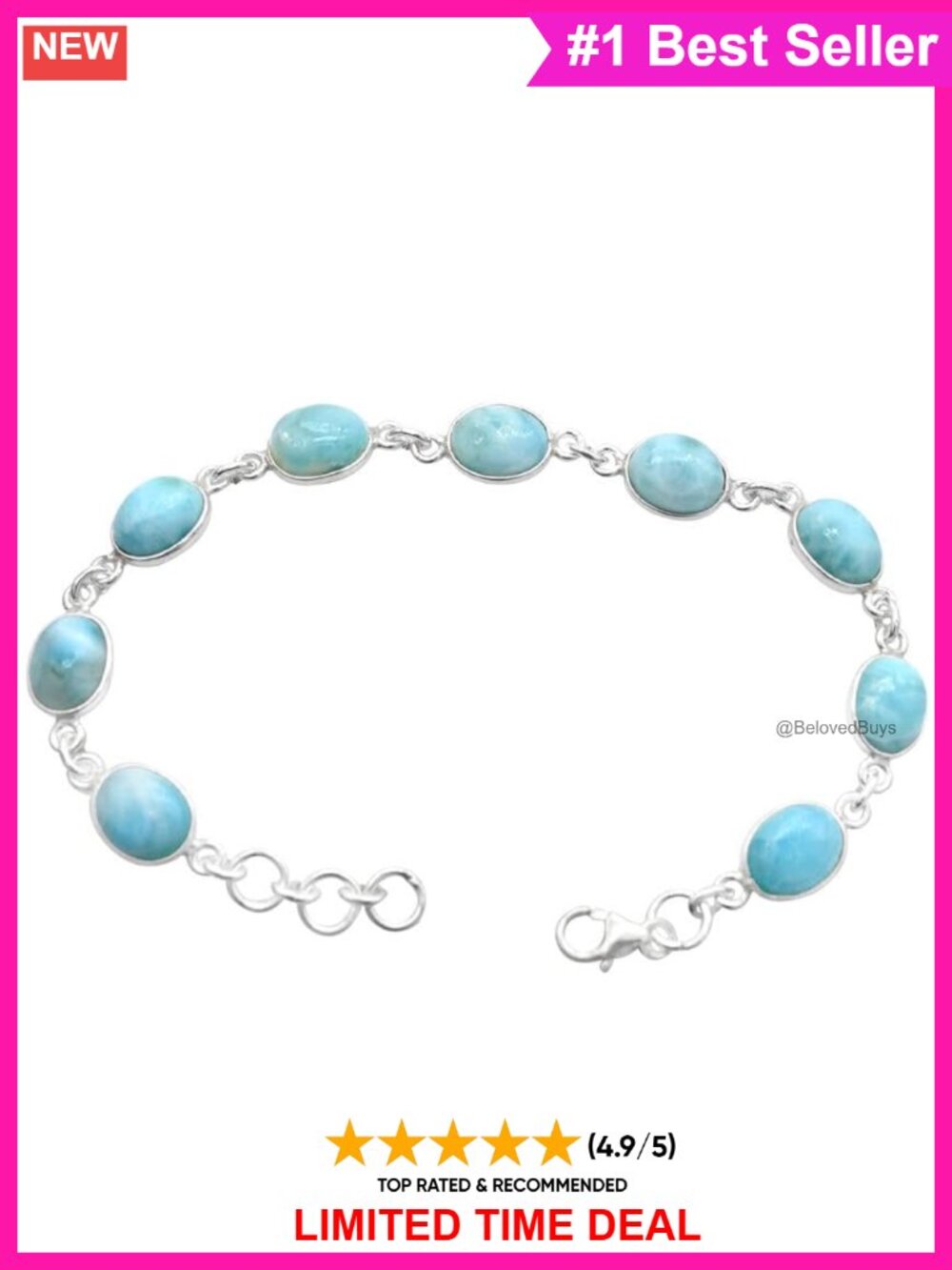 Larimar Gemstone Link Bracelet Silver Plated Adjustable 7-8 Inch Women's